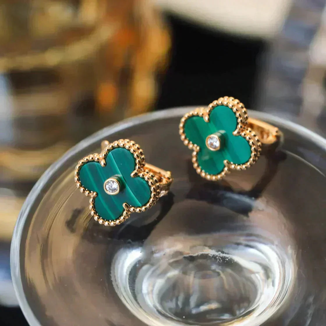 [Eterna Jewels]クローバー ミディアム 1モチーフ マラカイト ダイヤモンド ピアス