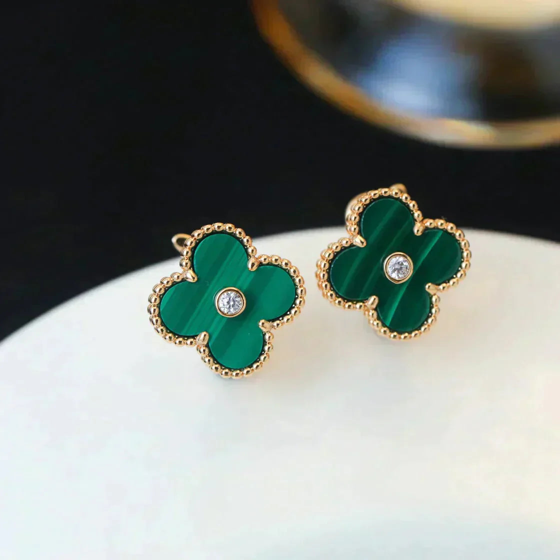 [Eterna Jewels]クローバー ミディアム 1モチーフ マラカイト ダイヤモンド ピアス