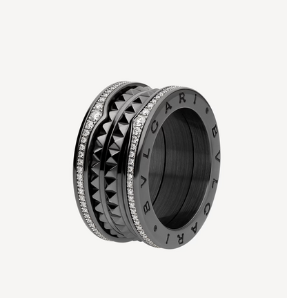 [Eterna Jewels]ZERO 1 ROCK VIERRINGIGER SCHWARZER KERAMIKRING MIT NIPPENSPIRALE UND DIAMANTENPAVEE