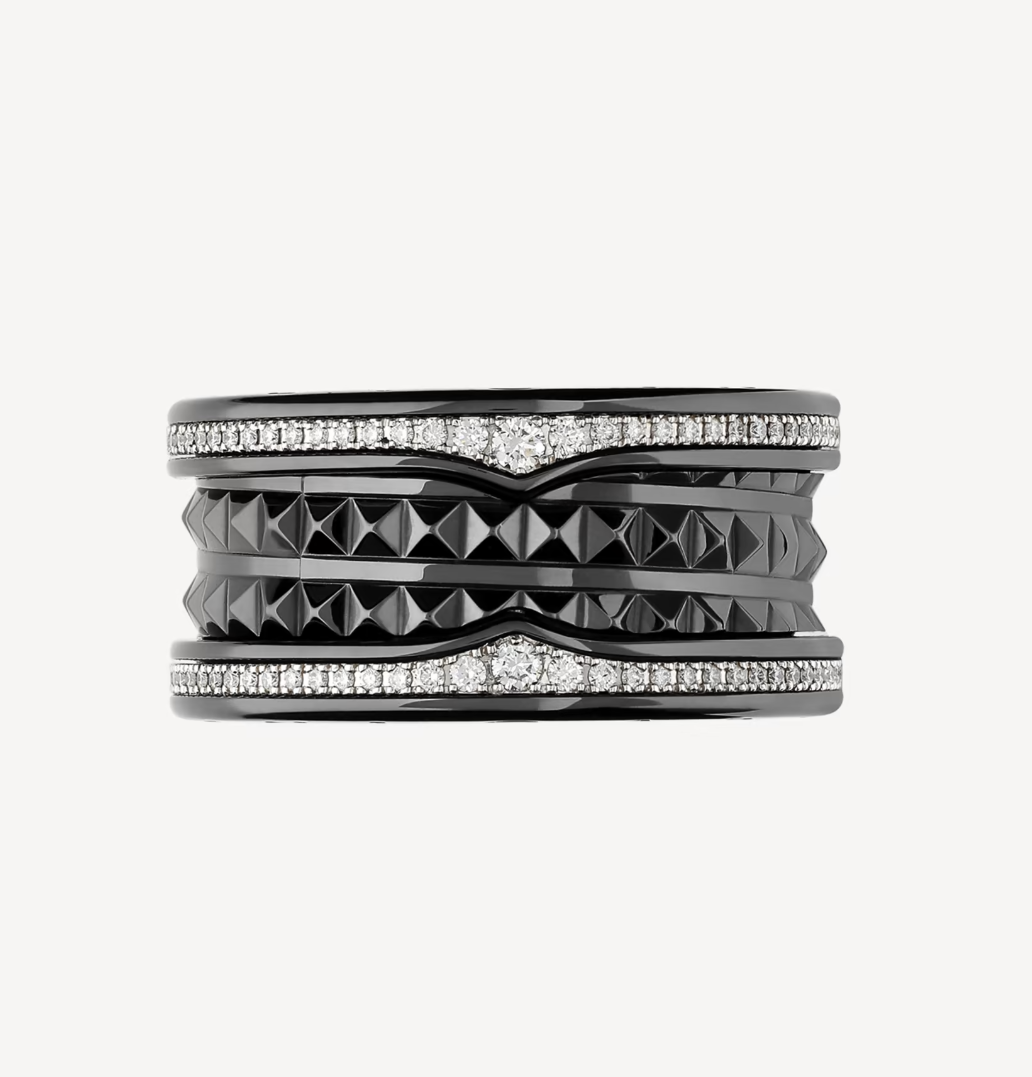 [Eterna Jewels]ZERO 1 ROCK VIERRINGIGER SCHWARZER KERAMIKRING MIT NIPPENSPIRALE UND DIAMANTENPAVEE