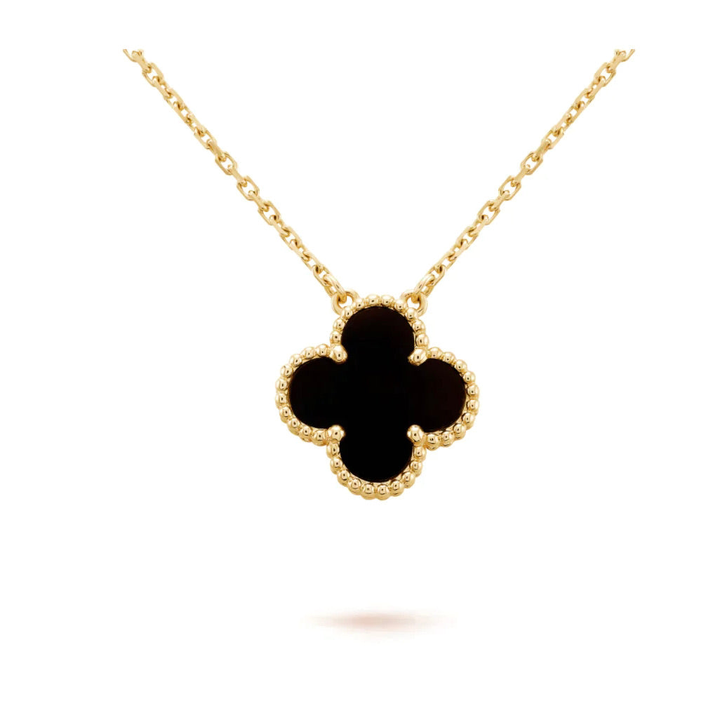 [Eterna Jewels]KLEEBELATT 15MM SCHWARZER ONYX EINZELBLUMEN-HALSKEETE