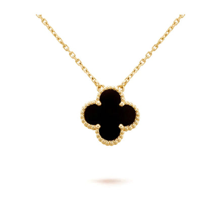 [Eterna Jewels]KLEEBELATT 15MM SCHWARZER ONYX EINZELBLUMEN-HALSKEETE