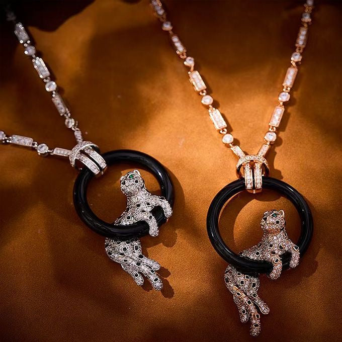 [Eterna Jewels Schmuck]NEUE SCHWARZE KREIS PANTHER VOLLDIAMANT HALSKETTE